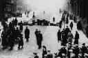 Police officers return from a baton charge in North Frederick Street during a general strike in Glasgow, January 1919. Tensions mounted, culminating in the Battle of George Square on Friday 31st January.