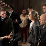 Scottish Green Party co-leaders Lorna Slater and Patrick Harvie speaking to the media at the Scottish Parliament in Holyrood