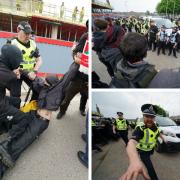 Police and protesters clashed outside the Thales arms factory in Govan