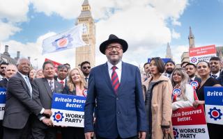George Galloway speaking to the media during a press conference on Parliament Square