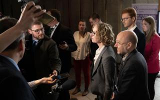 Scottish Green Party co-leaders Lorna Slater and Patrick Harvie speaking to the media at the Scottish Parliament in Holyrood