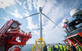 A view of a turbine from the Esvagt Alba is seen at the Moray Offshore Windfarm East