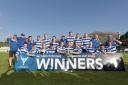 Players and staff from Newtonmore celebrate lifting the Camanachd Cup for the 34th time in the team’s history. Photograph: Neil G Paterson