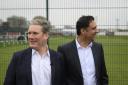 Keir Starmer (left) and Scottish Labour leader Anas Sarwar during a visit to Glasgow Perthshire football club, Possilpark, as part of a campaign visit in Glasgow