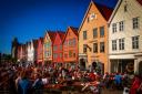 Crowds at a bar on Bryggen in Bergen, Norway