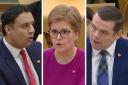 From left: Anas Sarwar, Nicola Sturgeon, and Douglas Ross all wore heart badges at FMQs