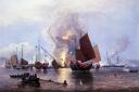 British ships destroying a Chinese fleet in Canton during the First Opium War