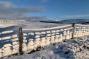 Snow covers a fence in Burravoe, near Brae in the North Mainland of Shetland