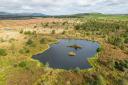 Photo shows native woodland regeneration in the foreground, pond creation in the mid-ground and restored raised bog in the background