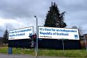 Billboards are in position outside Hampden Park
