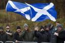 Members of the Patriotic Alternative protest outside the Muthu Glasgow Hotel which is housing refugees on March 12, 2023 in Erskine, Scotland.