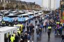 Hundreds of busses are parked outside Hampden Park as fans begin to flock to the stadium