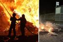 A Northern Ireland bonfire, left, originally described as a Cumbernauld fire, was replaced with a fire in Edinburgh, right