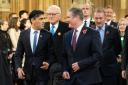 Prime minister Rishi Sunak walks with Labour Party leader Sir Keir Starmer through the Central Lobby at the Palace of Westminster