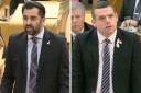 First Minister Humza Yousaf (left) and Scottish Tory leader Douglas Ross wearing white ribbons at Holyrood