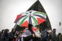 People gather outside the Scottish Labour party conference for a pro-Palestine protest