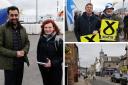Left: Steph Brawn interviews the FM. Top-right: Activists in Ullapool. Bottom left: Dingwall