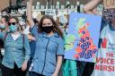 NHS nurses demonstrate for better pay, and a shot of an EveryDoctor map showing NHS outsourcing