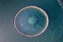 Aerial shot above a circular fish farm in a loch, Scottish Highlands, United Kingdom.