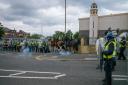 Riot police defend a mosque in Sunderland during last week’s far-right violence