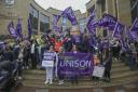 Striking Unison school workers at a rally in Buchanan Steps in Glasgow