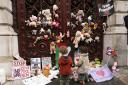 Parents and children lay out cuddly toys across the entrance to the Foreign Office in London, as they protest to save children's lives in Gaza