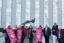 Suechi Kido, general secretary of Nihon Hidankyo, pictured with anti-nuclear weapon campaigners outside the UN headquarters in New York City