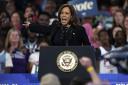 Democratic presidential nominee Vice President Kamala Harris speaks during a community rally at the Alan Horwitz 