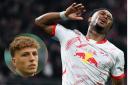 RB Leipzig striker Lois Openda, main picture, and Celtic midfielder Arne Engels, inset