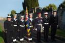 East Lothian's Lord Lieutenant Roderick Urquhart joins representatives from Musselburgh Sea Cadets and Royal Marines Cadets at the service at the Crookston war memorial. Photo: David Monaghan