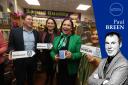 Sinn Féin's Director of Elections, Matt Carthy, Councillor Cathy Bennett, Sinn Féin President Mary Lou McDonald, with shop owner Helen Drumm, while canvassing in Monaghan, ahead of the General Election on November 29.