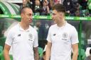 19/05/19 LADBROKES PREMIERSHIPCELTIC v HEARTS CELTIC PARK - GLASGOW Celtic captain Scott Brown and Kieran Tierney