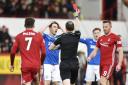 Rangers’ Ryan Jack is sent off following his tackle on Stevie May