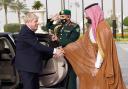 Prime Minister Boris Johnson is welcomed by Mohammed bin Salman Crown Prince of Saudi Arabia ahead of a meeting at the Royal Court in Riyadh, Saudia Arabia.