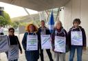 Yes for EU campaigners outside Holyrood today, led by Morag Williamson (second from right), to demand the Scottish Government keeps higher taxes than UK