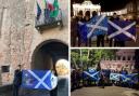 Clockwise from left:  Giada Mazzetti from Italians for Scottish Independence in Italy, supporters at the Parc du Cinquantenaire in Brussels, and Saltires at the Colosseum in Rome thanks to Sarah De Sanctis