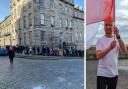 Poles in Scotland queue up in Edinburgh and Maciej Dokurno holds a Polish flag