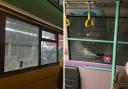 Images show damage to the bus's windows