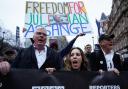 Stella Assange (centre) the wife of Julian Assange, marches to Downing Street with supporters, from the Royal Courts of Justice in London