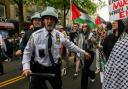 Pro-Palestinian protesters confront police during a Nakba Day rally in the Bay Ridge section of New York City.
