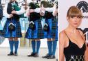 Bagpipers play outside Murrayfield Stadium as Taylor Swift fans buy merch ahead of her concert