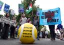 Pro-Palestine protesters demonstrating against Barclays sponsorship of the Wimbledon Championships