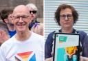 First Minister John Swinney at a Pride march (left) and Dr Hilary Cass showing the front page of her controversial review
