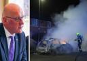 First Minister John Swinney, and a firefighter tending to a burning police car following a violent riot in Hartlepool