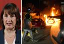 Chancellor Rachel Reeves, and a burning police car on the streets of Hartlepool following a far-right riot