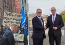 Protesters gathered outside the Queen Elizabeth House where Keir Starmer met with John Swinney and other UK leaders