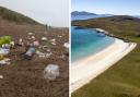 File photos showing a pristine beach in the Scottish islands, and litter on a beach on the mainland