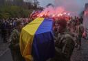 Honour Guard carry a coffin of fallen Ukrainian serviceman of 3rd assault brigade Danylo Liashkevych, known as 