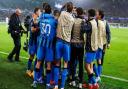 Ardon Jashari celebrates with his Club Brugge teammates