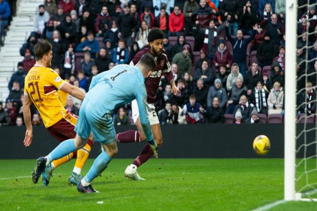 Ellis Simms scores his first goal for Hearts in the 2-0 win over Motherwell at Tynecastle